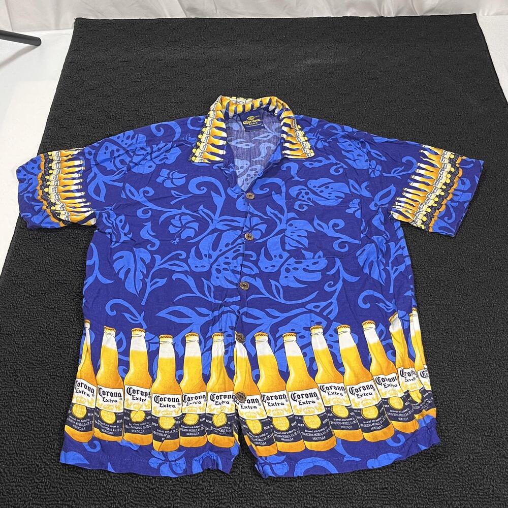 Corona Extra Shirt Mens XL Hawaiian Button Up Rayon Beer Bottles Casual Fiesta